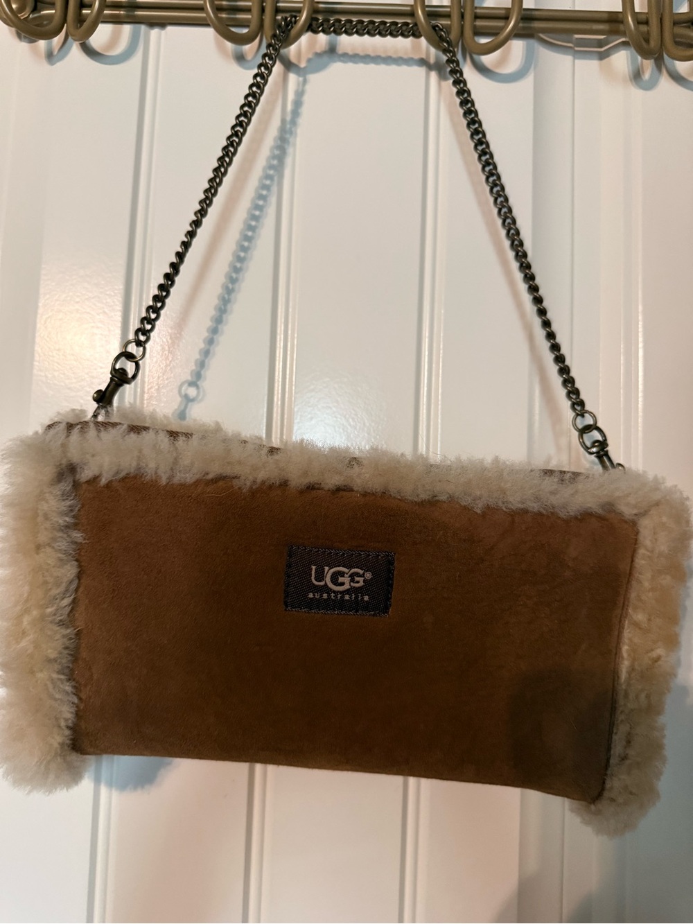 UGG Chestnut Suede Shearling Clutch with Chain Strap